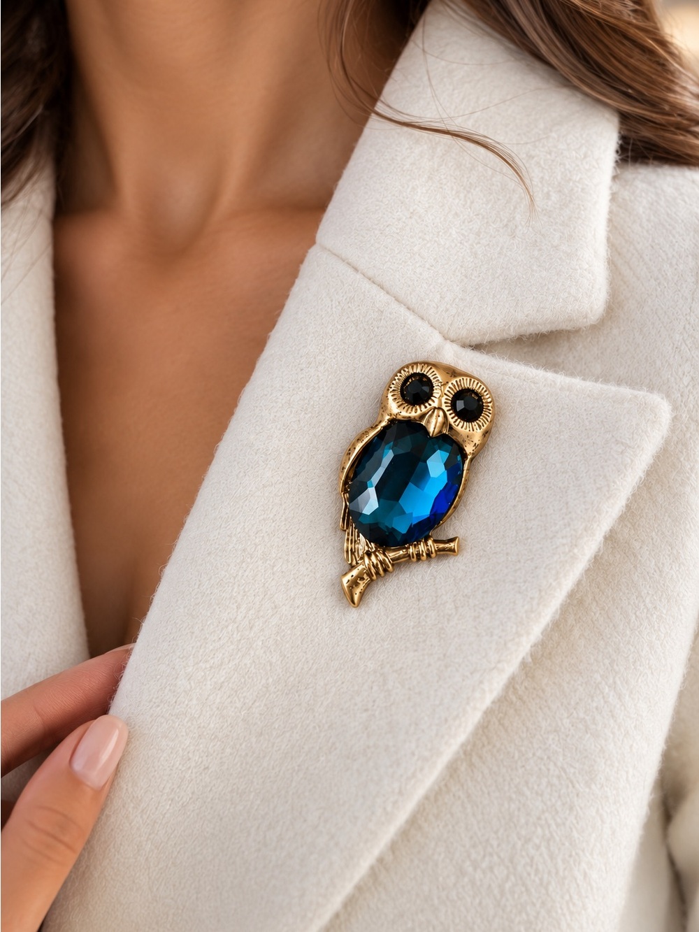 Vintage Blue Crystal Owl Brooch